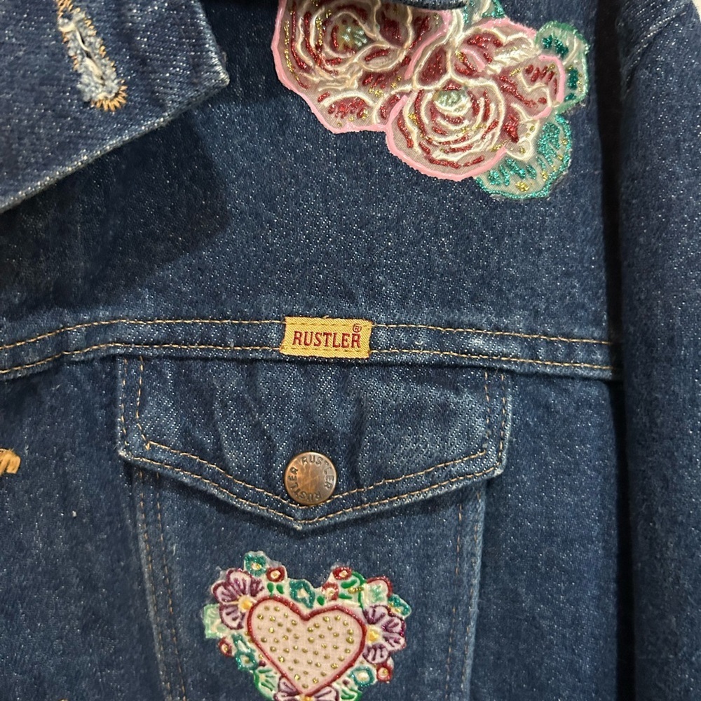 Rustler Blue Country Cowboy Denim Patches Jean Jacket Large - Picture 3 of 5